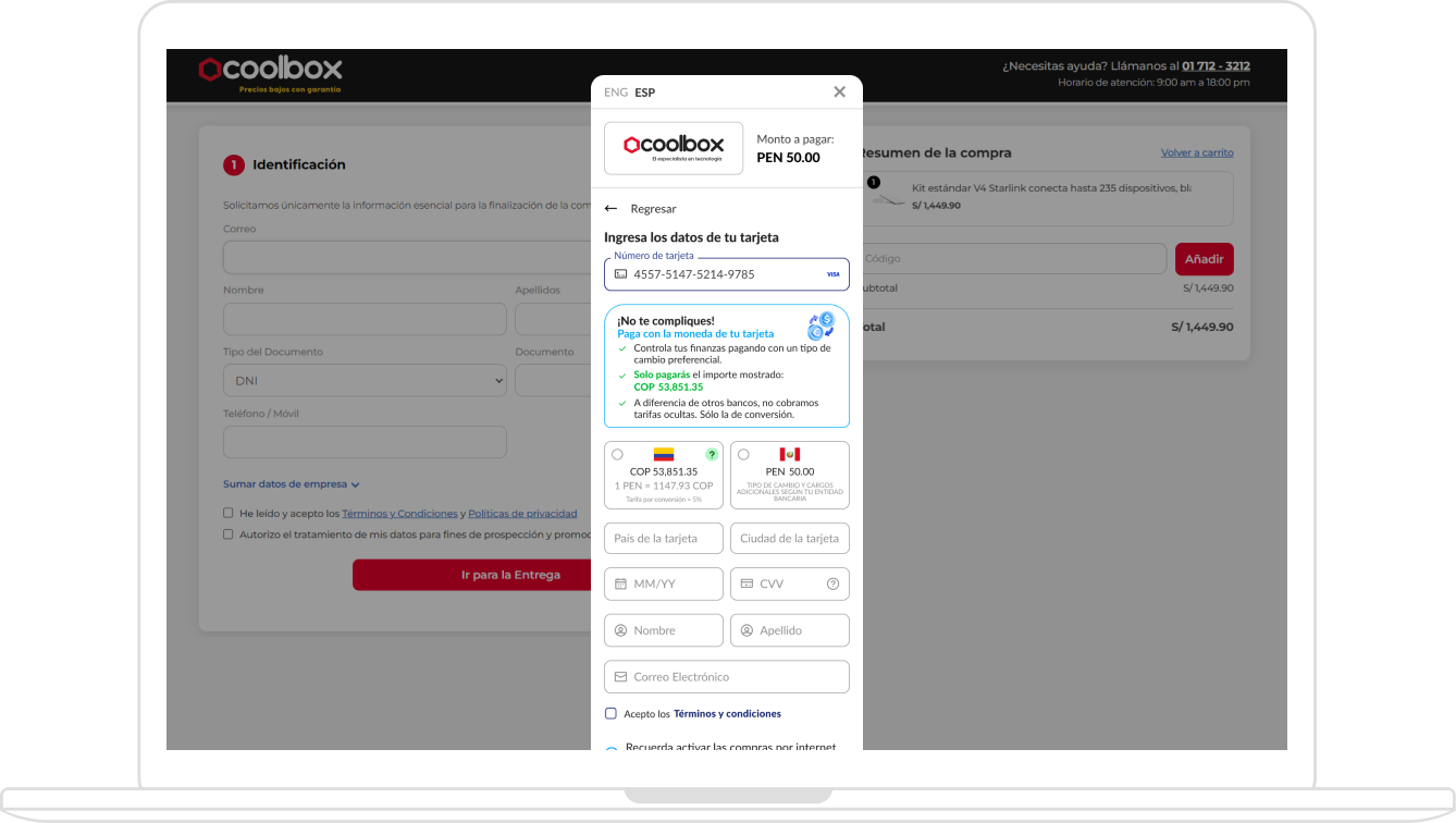 Captura de formulario DCC en formulario de pago, web de Coolbox. Act: Marzo-2025